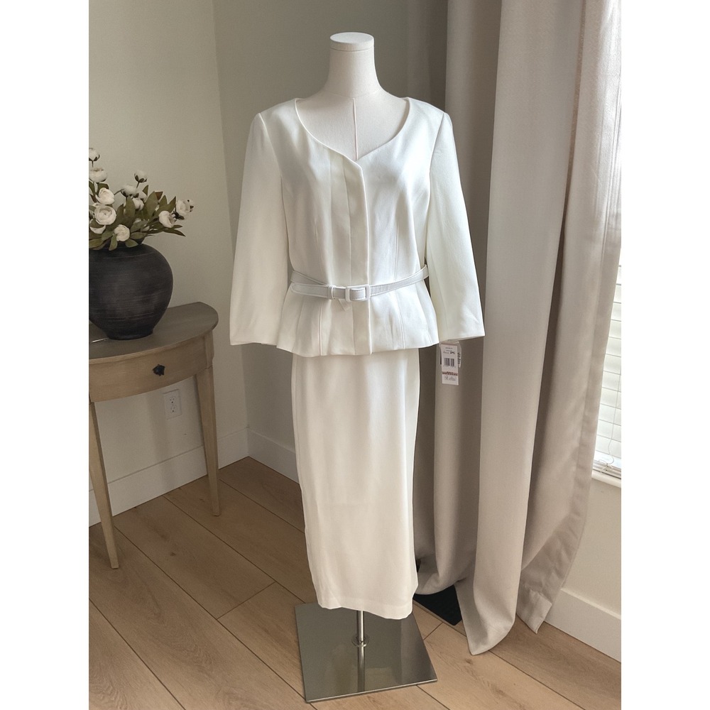 Le Suit Womens Belted 3/4 Sleeve Jacket Maxi Skirt Suit Vanilla Ice 12 NEW* - Picture 2 of 15